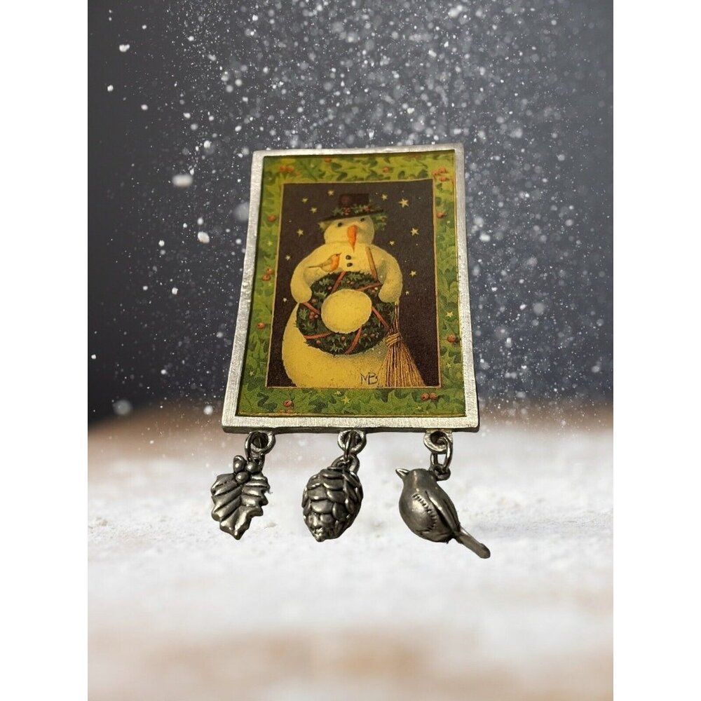 MARJOLEIN BASTIN Vintage Brooch Pin Snowman Holiday Pewter Dangles Bird Leaf